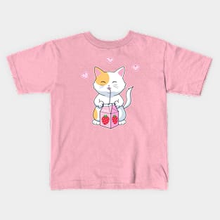 Kawaii Anime Cat with Strawberry Milk Kids T-Shirt